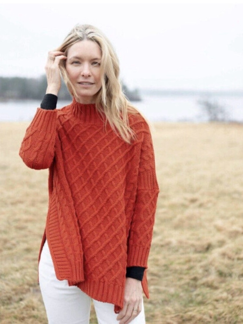 Mer Sea Lisbon Traveler Cable Knit Ribbed Paprika Orange Pullover Sweater Fall
